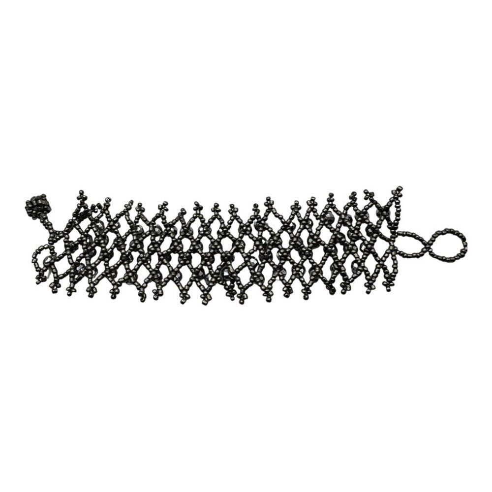 Black & Silver Beaded Bracelet With Faceted Hematite Beads & Loop Closure 7" 8"